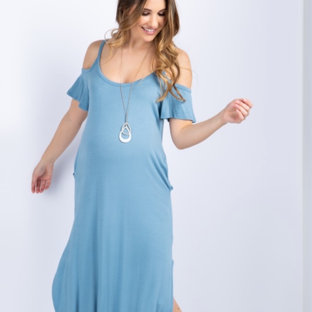 Pink Blush-Blue Cold Shoulder Maternity Maxi Dress